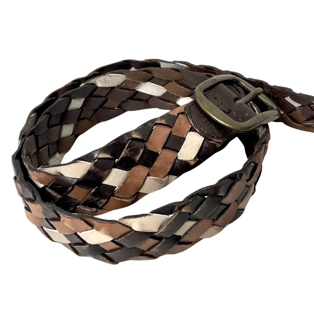 Y2K Rolfs Braided Wide Leather Belt XL Brown White Wide Boho Western Festival
